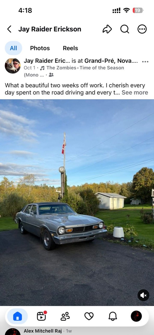 Jay’s silver 1977 Ford Maverick parked in Nova Scotia